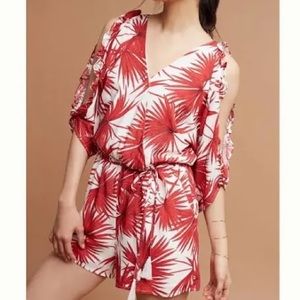 Anthropologie Bishop & Young Open Shoulder Romper in Red Palm Print